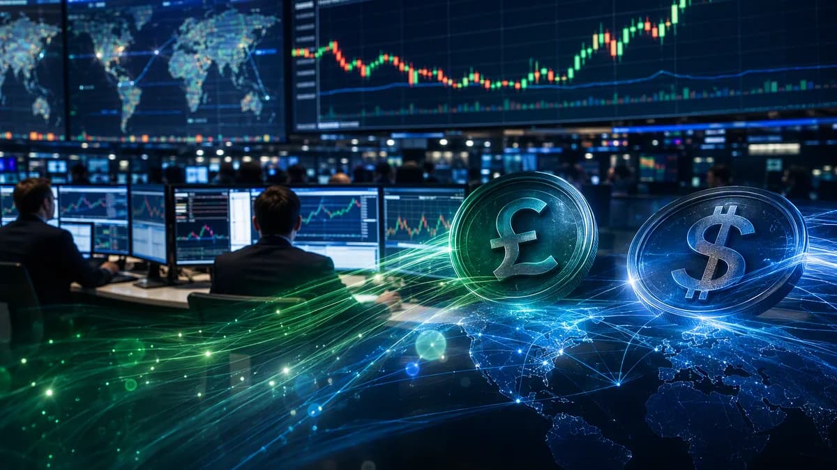 FX trading desk with pound and dollar market visuals, charts, and cinematic financial data displays.