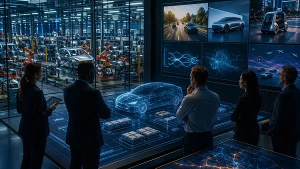 Automotive innovation hub showing EV platforms and broader mobility strategy in a futuristic factory setting.