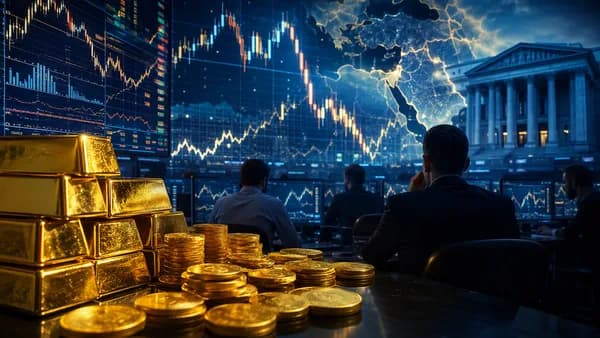 Gold bars on a tense trading desk with abstract market charts and geopolitical silhouettes in the background