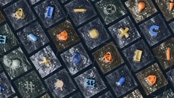Abstract arrangement of 3D technology icons on a grid showcasing AI and digital concepts.