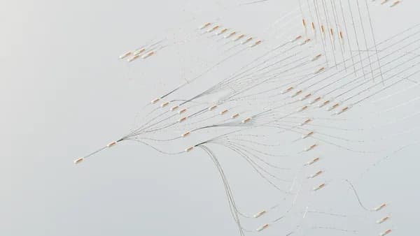 Abstract illustration depicting complex digital neural networks and data flow.