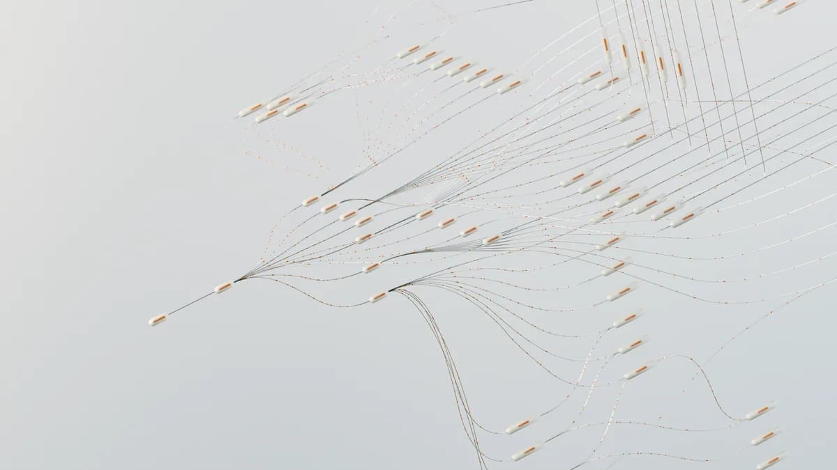 Abstract illustration depicting complex digital neural networks and data flow.