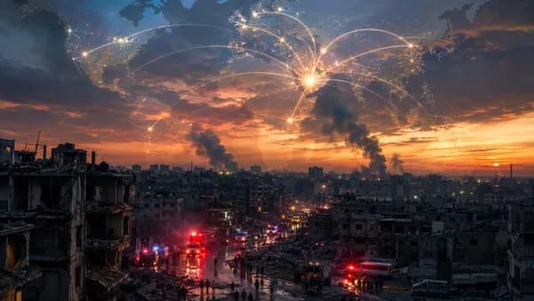 Somber Gaza skyline with smoke, global map overlay, and connection lines suggesting geopolitical tension.