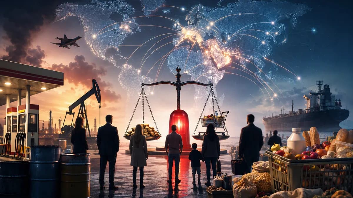 Fuel pumps, groceries, and world map connections symbolize scrutiny over war-driven price shocks.
