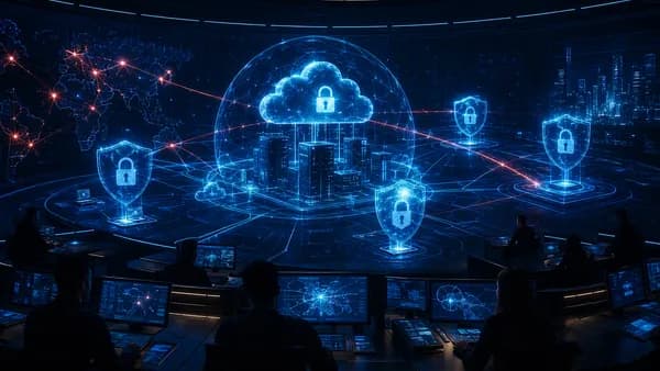 AI cybersecurity defenses shielding a glowing enterprise network in a dark futuristic command center