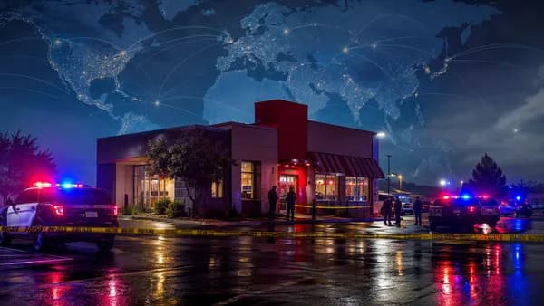 Police lights outside a cordoned-off fast-food restaurant at night after a deadly shooting in Idaho.