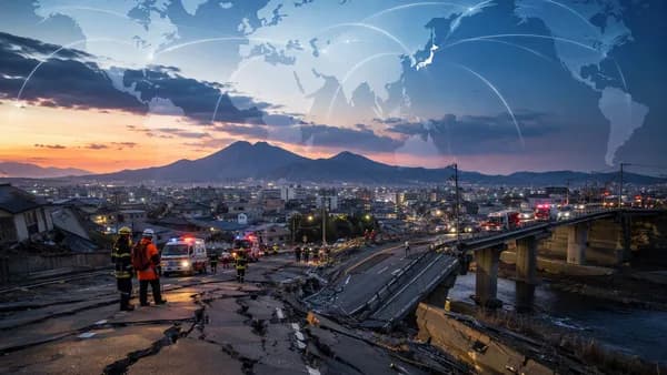 Editorial image of earthquake damage and infrastructure response in Kyushu, Japan, with global map connections.