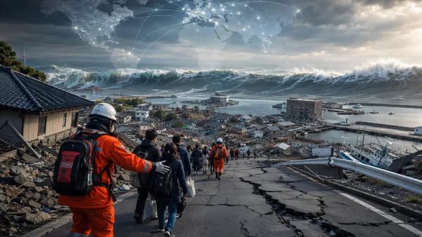 Earthquake-damaged Japanese coast with rescuers, evacuees, tsunami threat, and global map overlay.