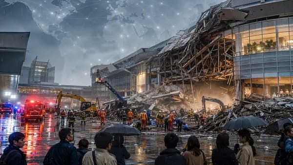 Rescuers search a collapsed Japanese shopping centre after an earthquake.