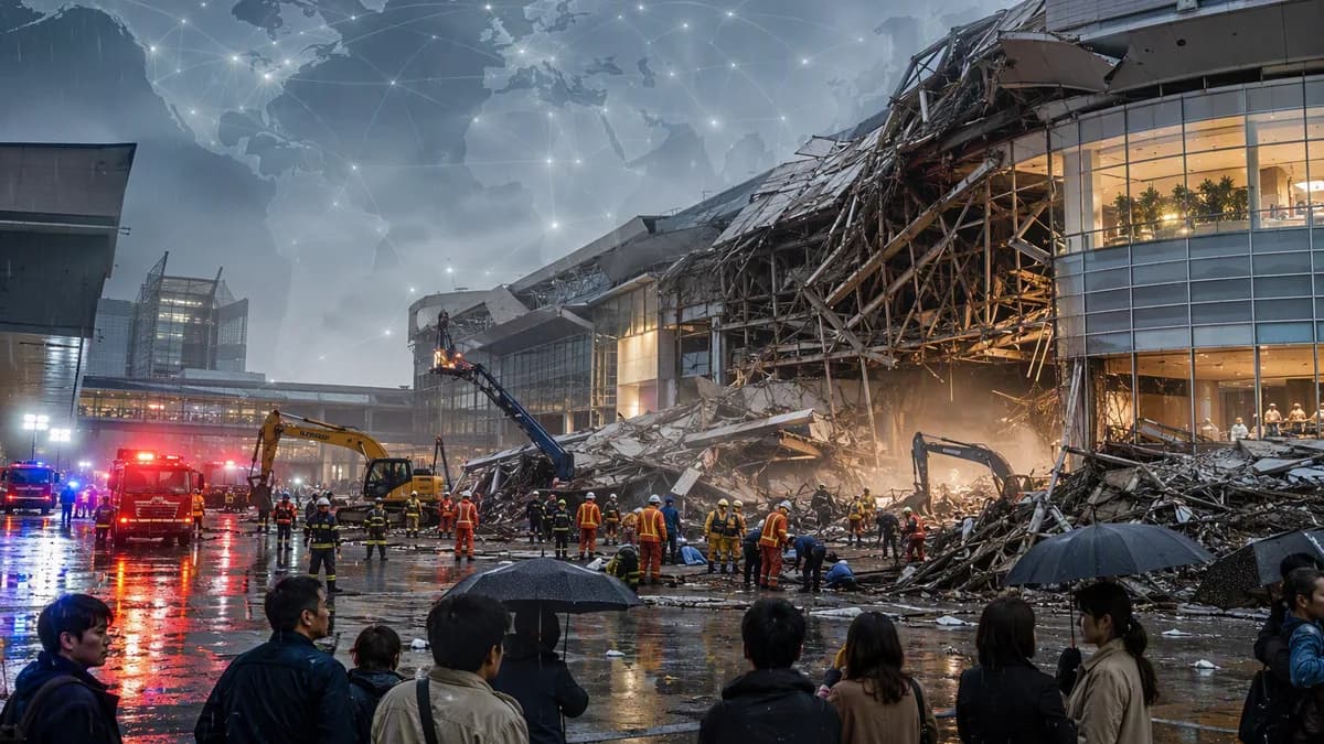 Rescuers search a collapsed Japanese shopping centre after an earthquake.