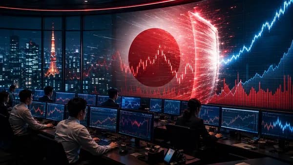 Tokyo trading floor with market charts and a barrier symbolizing yen intervention containment