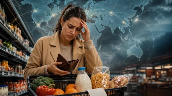 Worried shopper in supermarket with global map overlay symbolizing grocery inflation and consumer anxiety