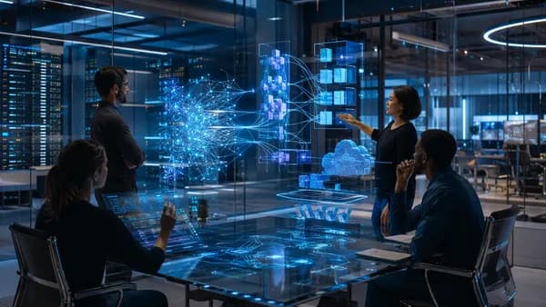 Startup team visualizes AI deployment pipelines in a sleek futuristic enterprise workspace.