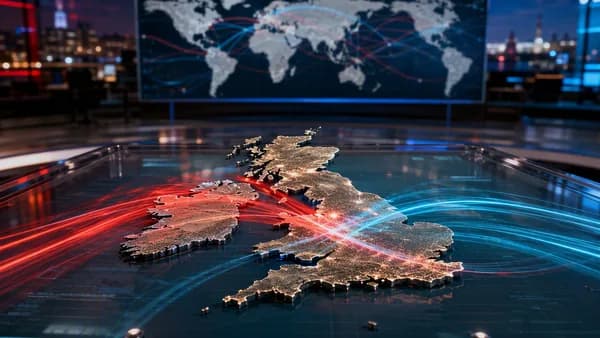 Abstract UK polling shift shown with red and teal light trails over a map and global connections.