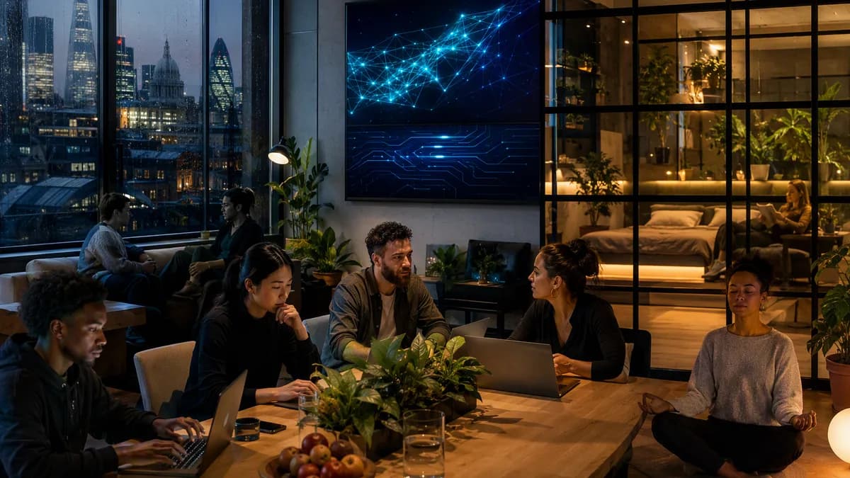 London hacker house where founders balance tech work, rest, food, and community.