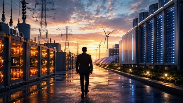 Executive silhouette between bitcoin mining containers and an AI data center near power infrastructure.