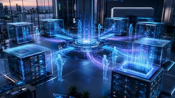 AI agents seamlessly routing through cloud pods and load balancers in a futuristic tech workspace.