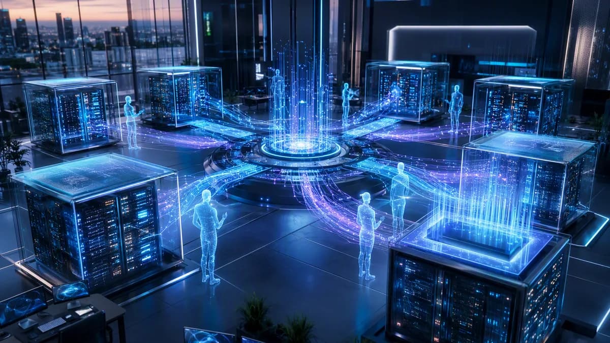 AI agents seamlessly routing through cloud pods and load balancers in a futuristic tech workspace.