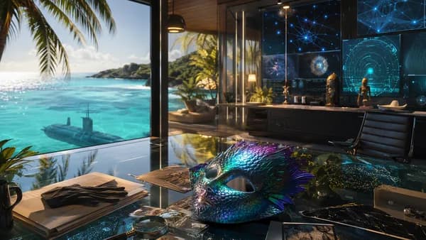 Futuristic seaside mystery scene with mermaid mask, submarine silhouette, and high-tech investigation screens.