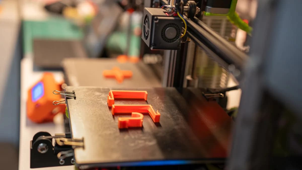 Detailed view of a 3D printer creating an orange plastic part showcasing advanced technology.