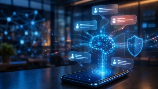 Smartphone chat bubbles linked to a glowing AI neural network in a futuristic tech workspace.