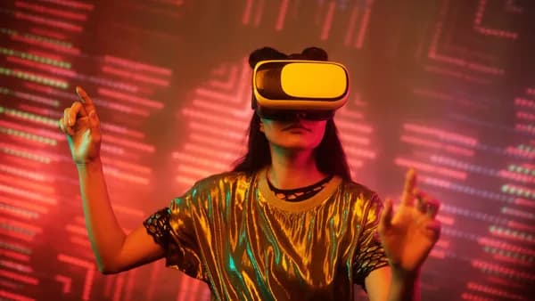 Woman in a metallic top using a virtual reality headset immersed in a digital environment with vibrant lights.