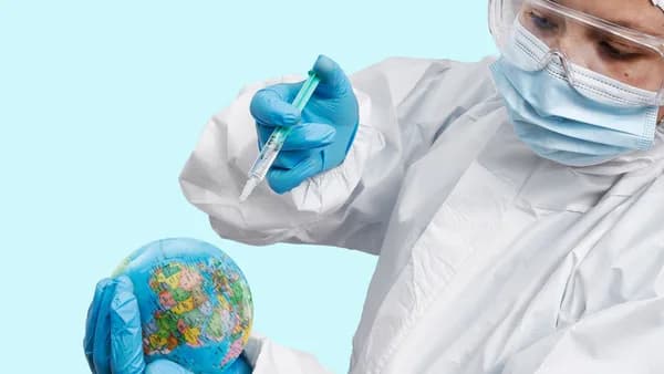 Healthcare worker in PPE symbolically vaccinating the world against COVID-19.