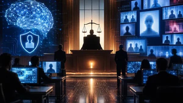 Futuristic courthouse and AI hub scene symbolizing legal scrutiny of harmful image apps