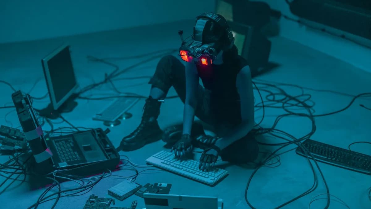 A woman in VR gear surrounded by computers and cables, immersed in a virtual simulation.