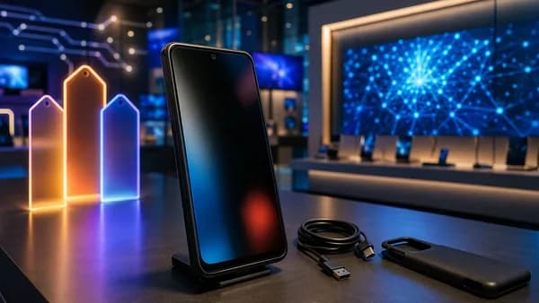 Generic budget smartphone on a sleek tech counter with futuristic screens and circuits.