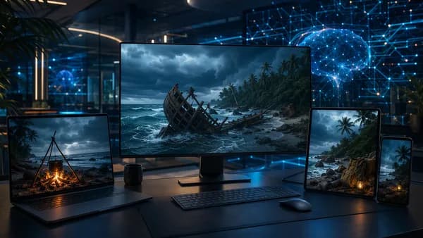 Futuristic streaming setup showing a tropical island shipwreck and survival gear on screens.