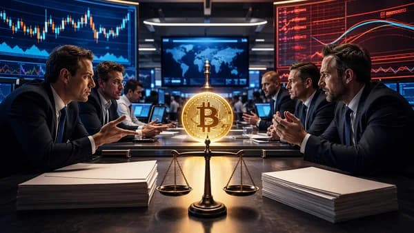 Trading floor with Bitcoin, market charts, and regulatory symbols showing a paused crypto options approval.
