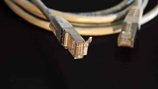 Detailed close-up of a network Ethernet cable showing connectors on a black background.