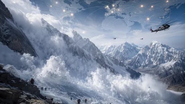 Avalanche scene in Pakistan’s Karakoram mountains with global map overlay and rescue helicopters