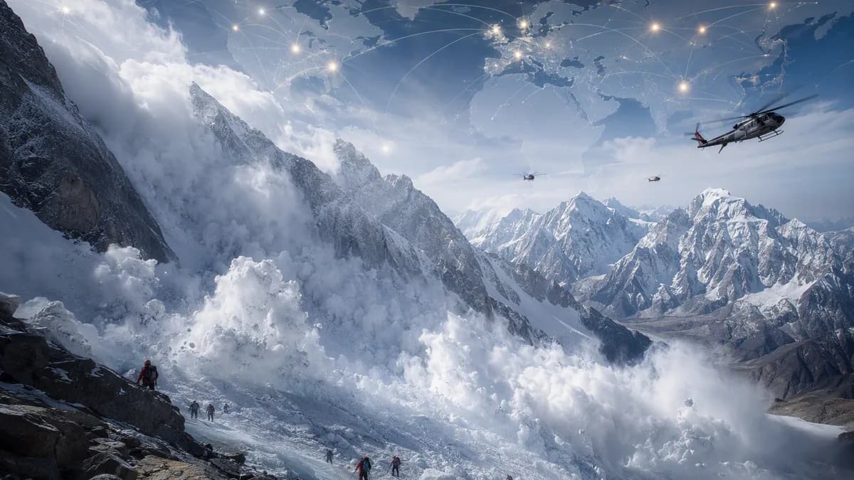 Avalanche scene in Pakistan’s Karakoram mountains with global map overlay and rescue helicopters
