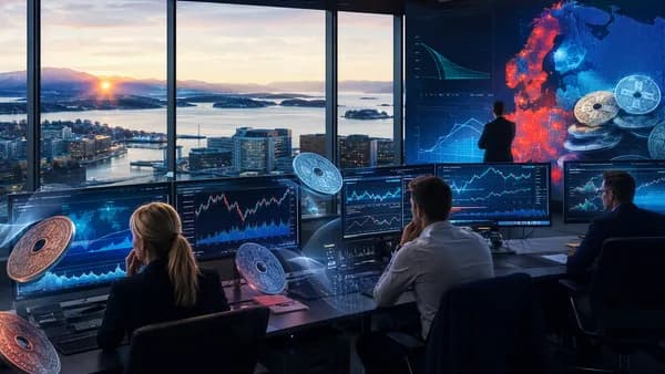 Nordic trading desk with krone market visuals, rate curves, and Oslo fjord backdrop