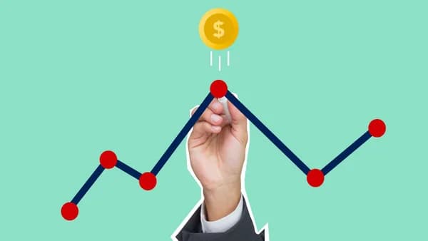 Cutout paper appliques of hand with chalk drawing graph under coin with dollar symbol on green background