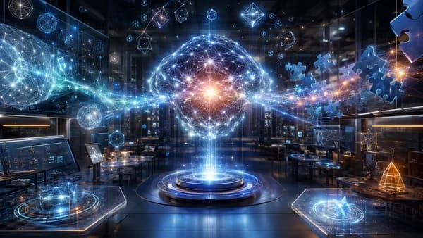 Glowing AI core in futuristic lab with abstract math symbols and neural networks suggesting breakthrough reasoning