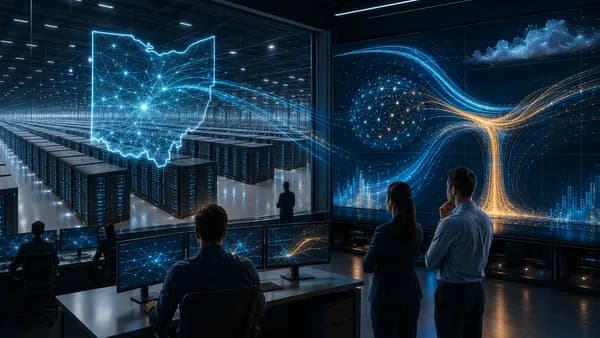 Futuristic AI data center with GPU racks and abstract finance visuals in a sleek tech command room