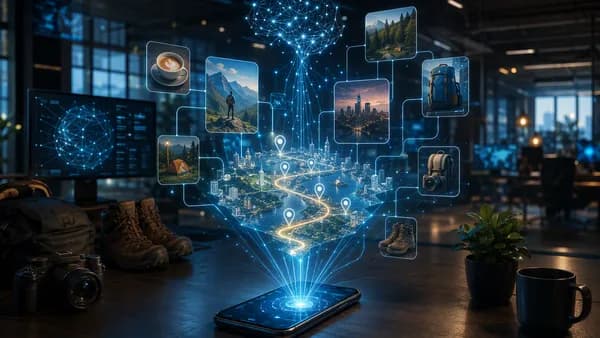 AI workspace turning saved digital ideas into glowing real-world adventure plans