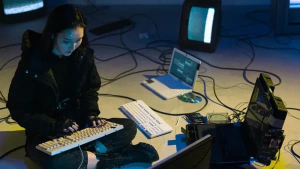 Young Asian woman engaged in computer hacking in a dimly lit, technologically equipped room.