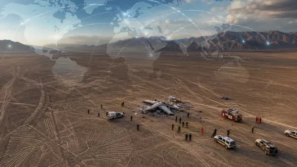 Investigators at a small plane crash site in Peru’s Nazca desert, shown in a respectful editorial scene.
