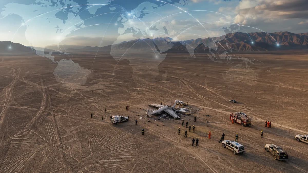 Investigators at a small plane crash site in Peru’s Nazca desert, shown in a respectful editorial scene.