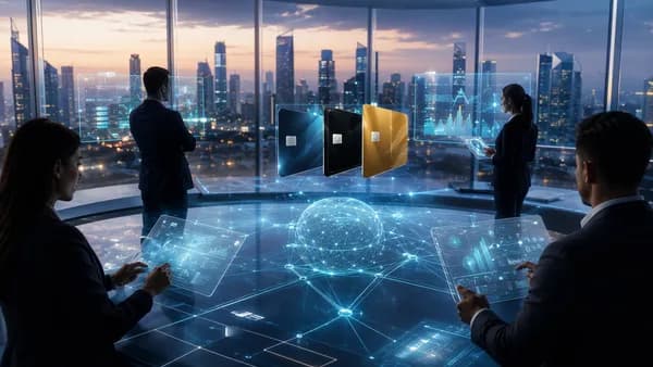 Fintech spend management platform with virtual cards, payment flows, and executives in a modern command center
