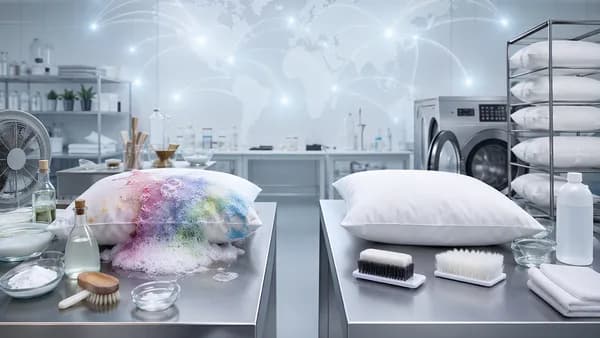 Hotel laundry lab comparing pillow cleaning hacks with specialist washing methods against a global map backdrop.