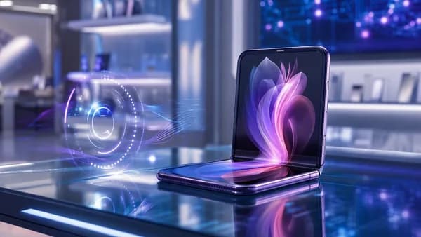Unbranded foldable phone in a futuristic tech workspace with abstract preorder countdown visuals