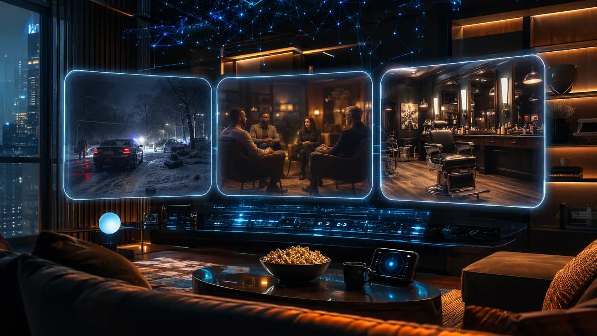 Futuristic streaming hub showing three movie-themed holographic panels for weekend picks.