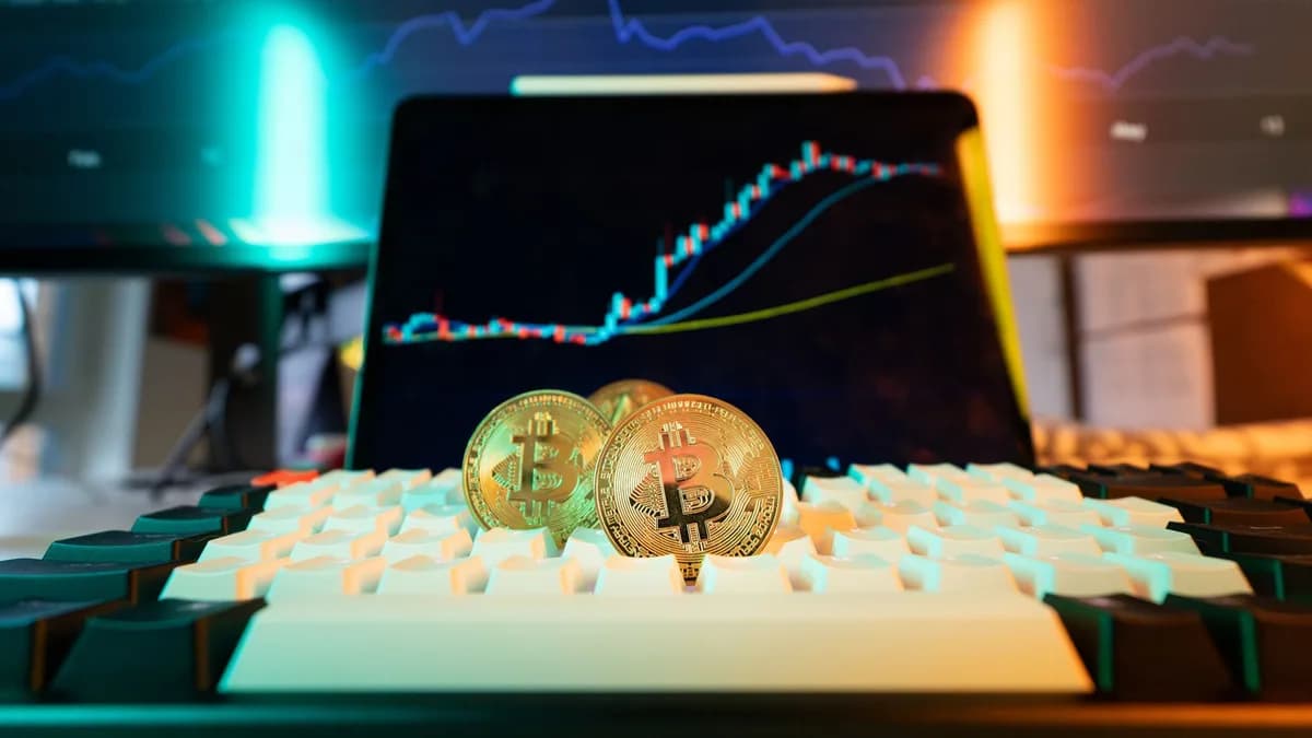 Close-up of Bitcoin coins on a keyboard with a trading chart in the background