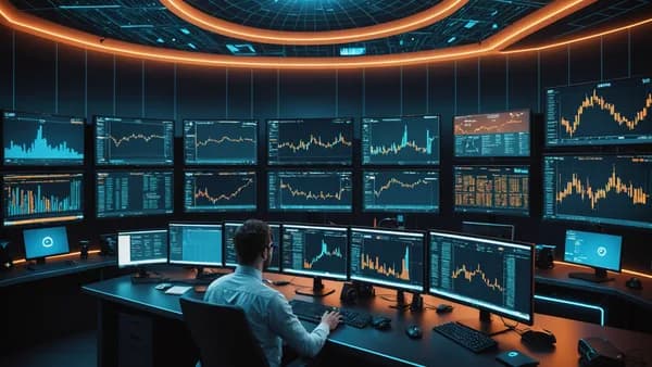A vibrant trading floor scene showing financial charts, symbolizing a major Bitcoin ETF inflow after a market selloff.
