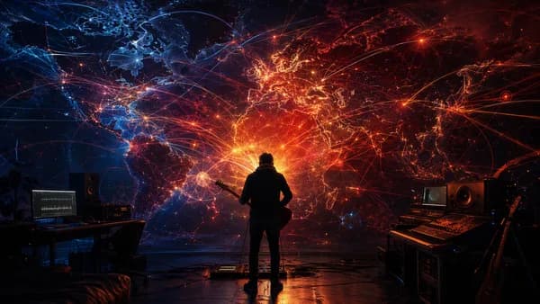 Musician silhouette amid global map lights and erupting sound waves, evoking intense instrumental longing.